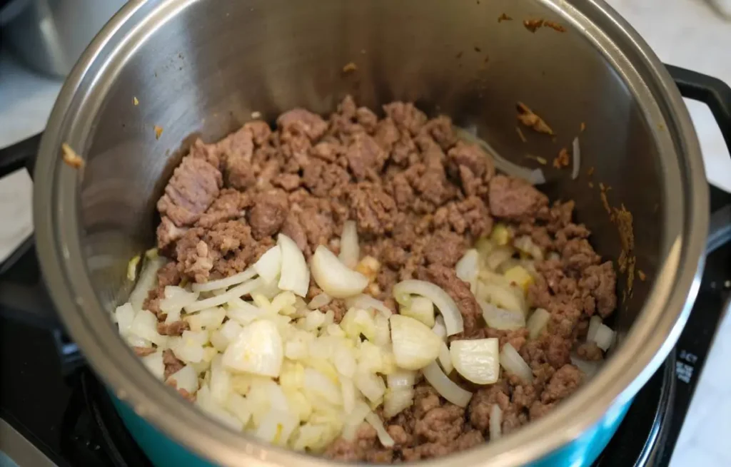 Instant Pot Ground Beef cooking process inside pot