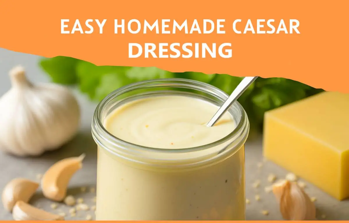 Creamy easy homemade Caesar dressing in a glass jar with salad on the side