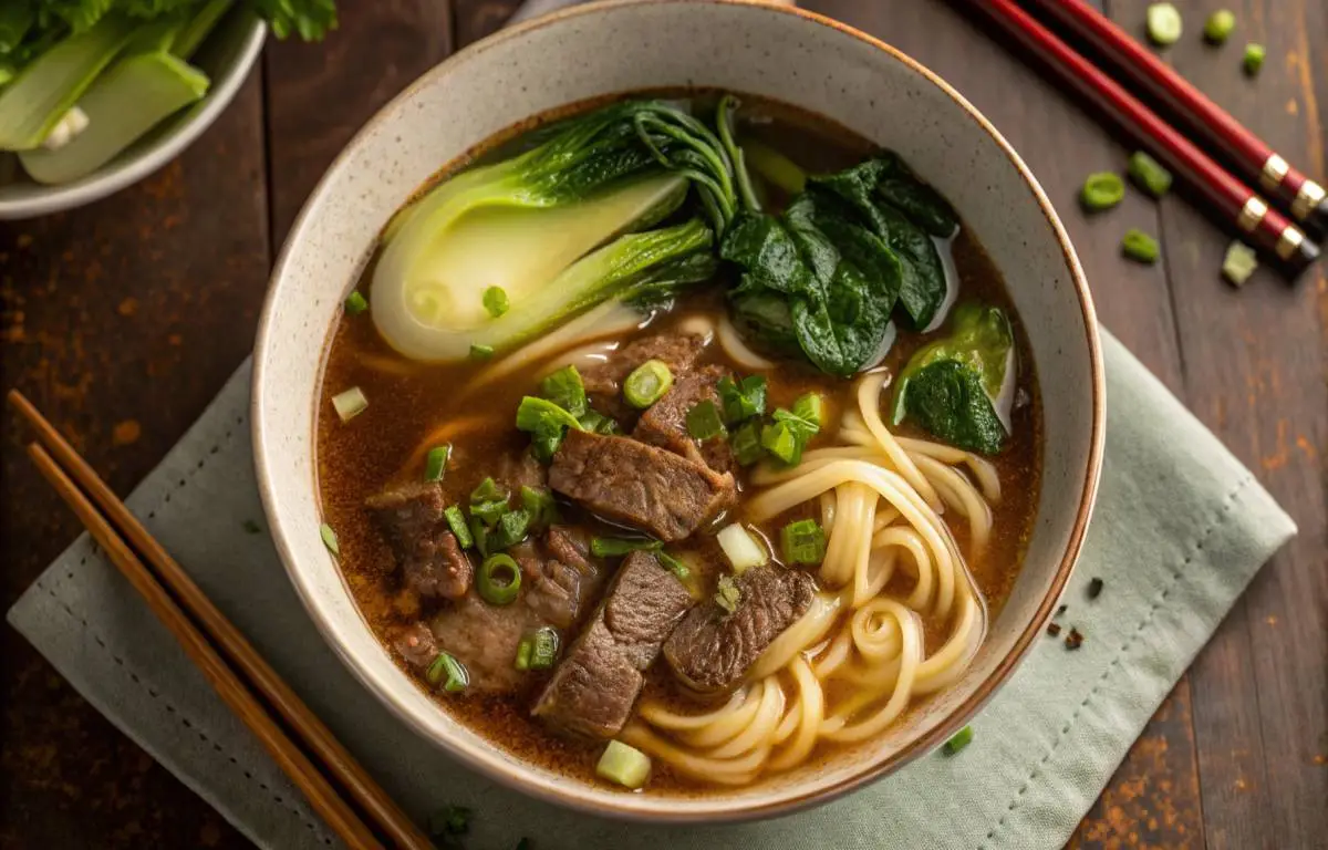 Heartwarming Taiwanese Beef Noodle Soup with tender beef, noodles, and vegetables