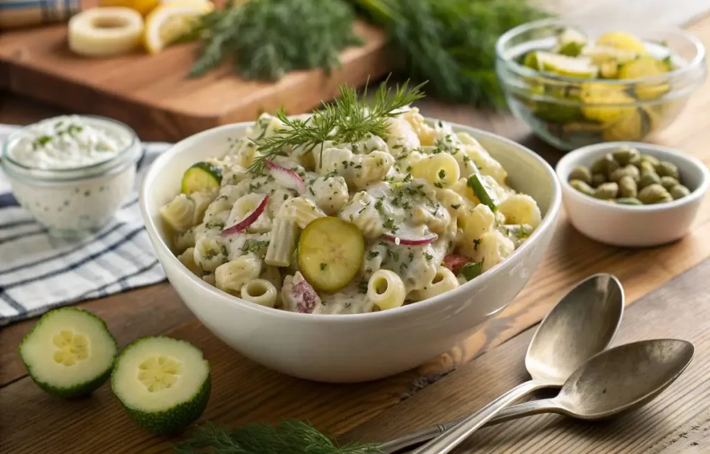 Refreshing Dill Pickle Pasta Salad Recipe final dish served in a white bowl