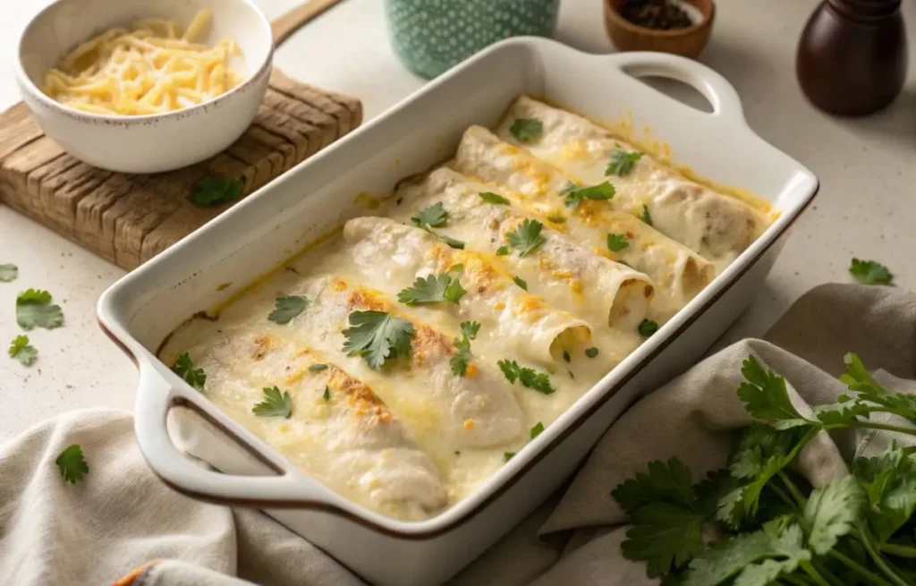 Rich and Flavorful White Chicken Enchilada served hot with melted cheese and fresh cilantro