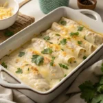 Rich and Flavorful White Chicken Enchilada served hot with melted cheese and fresh cilantro