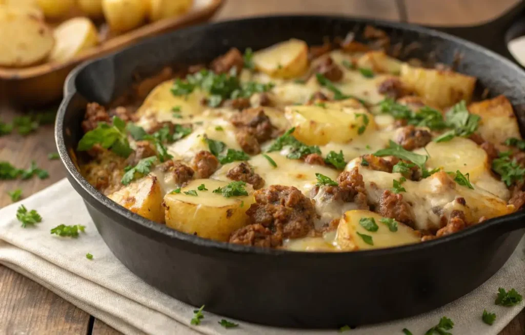 Hearty Classic Ground Beef and Potato Recipe served warm in a rustic skillet