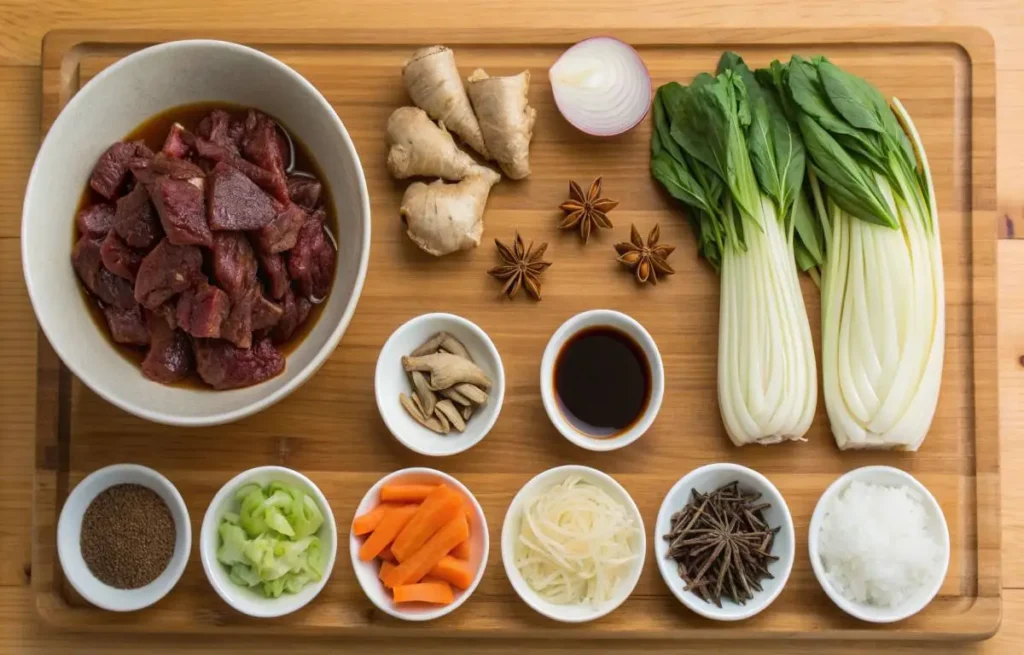 Heartwarming Taiwanese Beef Noodle Soup ingredients including beef, spices, and vegetables