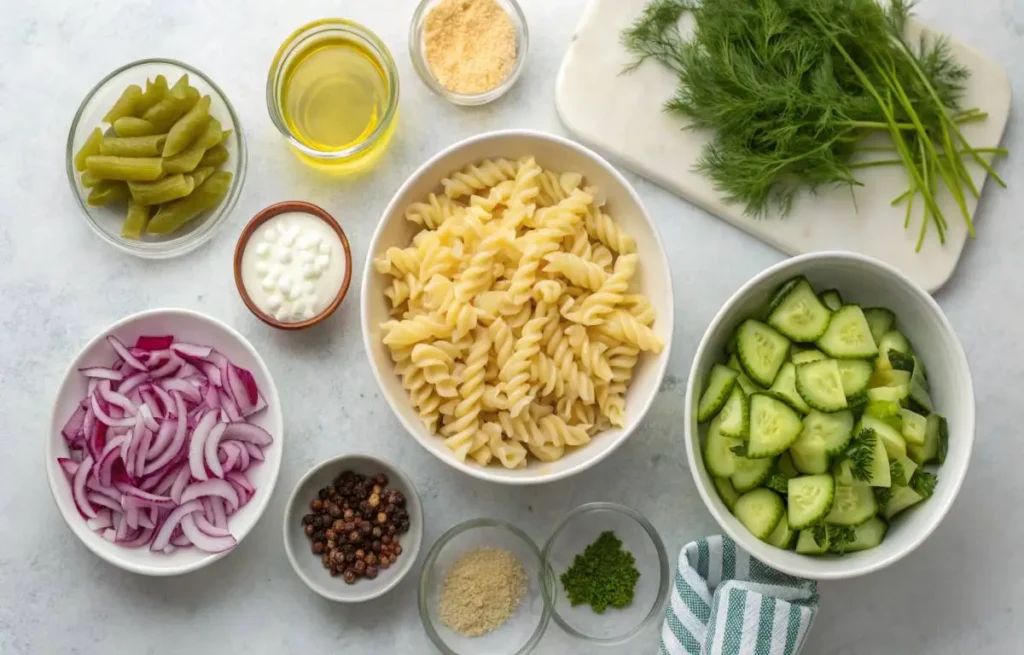 Fresh ingredients for Refreshing Dill Pickle Pasta Salad Recipe including pasta, dill pickles, and mayonnaise