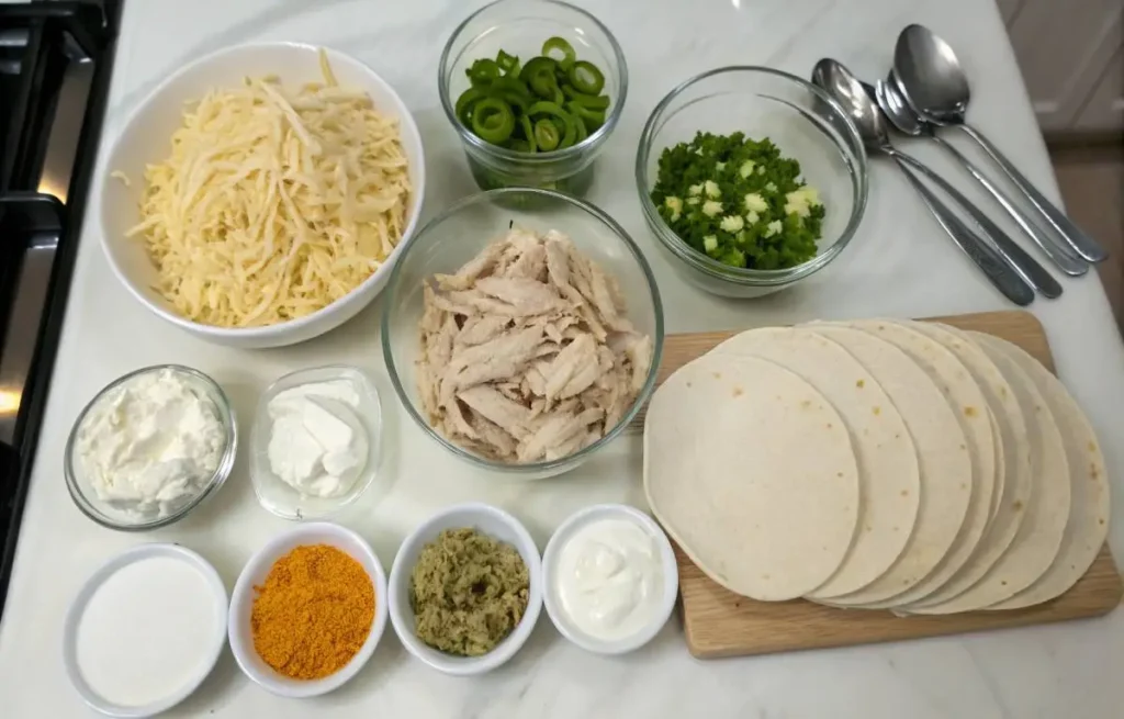 Ingredients for White Chicken Enchilada neatly arranged