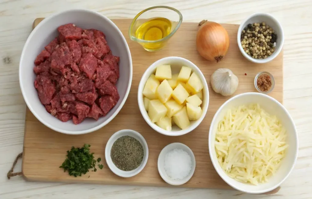 Ingredients for Hearty Classic Ground Beef and Potato Recipe on kitchen counter