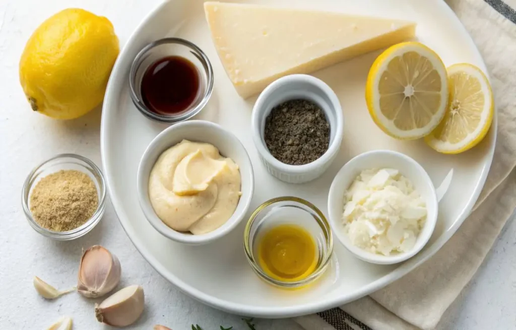 Fresh ingredients for easy homemade Caesar dressing on a wooden table