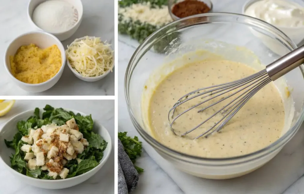 Step-by-step process of whisking easy homemade Caesar dressing in a bowl